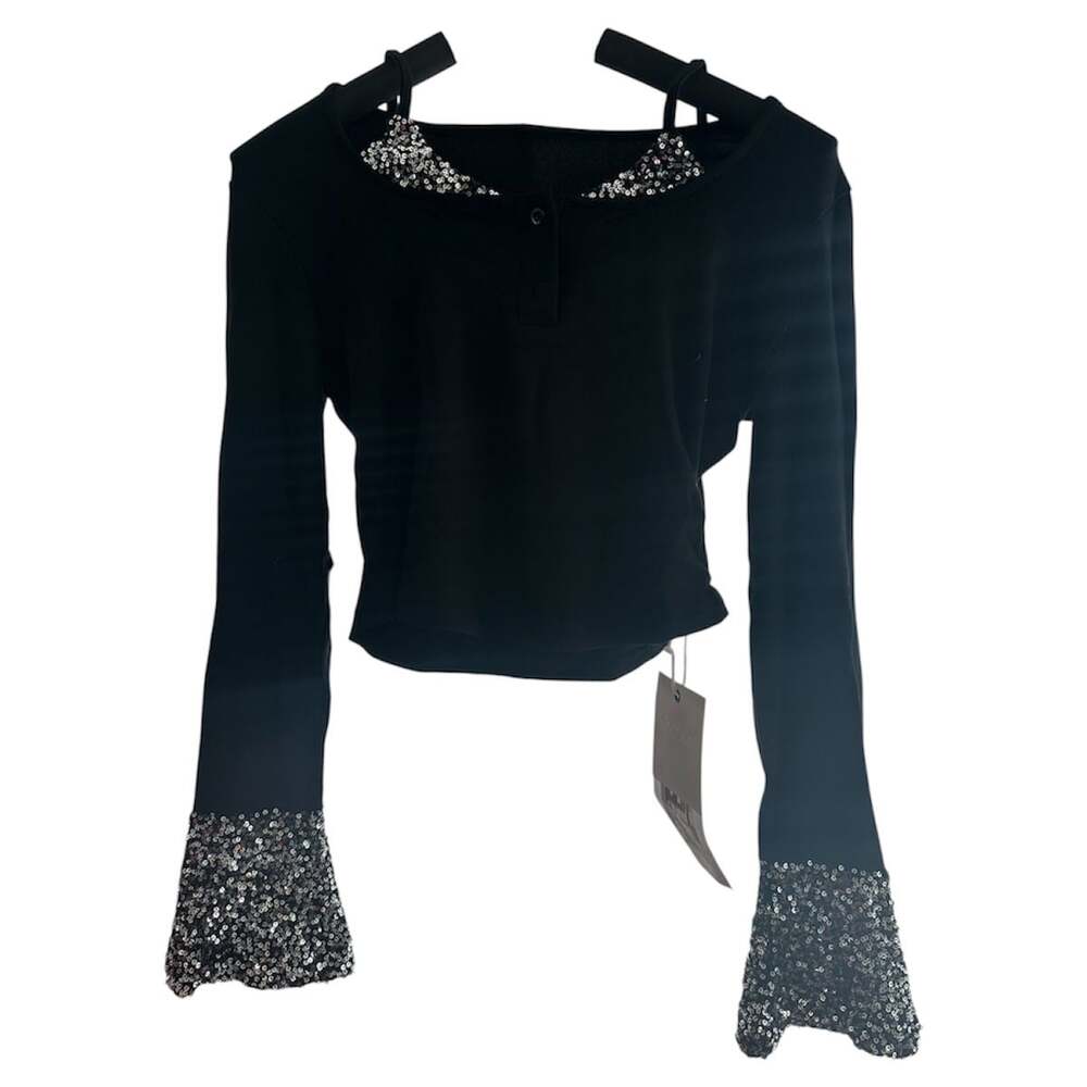 Women's Colorblock Sequin Half-Button Henley Long Sleeve Crop Top - Picture 4 of 5
